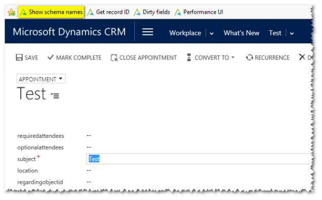 Show schema names bookmarklet for Micorsoft Dynamics CRM